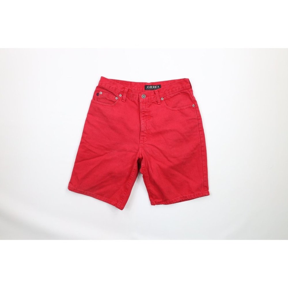 Vintage 90s Perry Ellis America 30 Distressed Spell Out Denim Jean Shorts USA